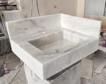 Carrara Marble Wall Mount Sink, Floating Basin, Countertop Bathroom Vanity Sink, Luxury Stone Washbasin
