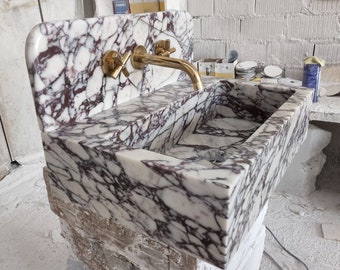 Calacatta Viola Marble Sink, Wall Mount Floating Basin, Console Top Bathroom Vanity Sink