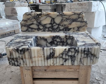 Calacatta Viola Marble Sink and Backsplash, Marble Basin, Hand Carved Viola Marble Sink, Bathroom Vanity