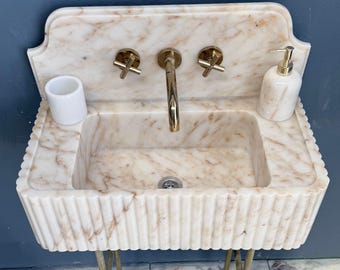 Lavabo de mármol Calacatta Gold, lavabo de baño estilo casa de campo a medida, piedra natural pulida, lavabo de tocador.