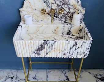 Calacatta Viola Marble Sink | Grooved Front Hand Carved Sink | Wall-mounted sinks | Fluted Basin