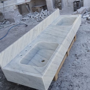 Carrara White Marble Double Integrated Sink, Wall Mounted Marble Sink, Marble Bathroom Sink with Countertop image 5