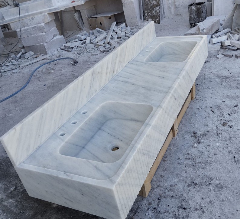 Carrara White Marble Double Integrated Sink, Wall Mounted Marble Sink, Marble Bathroom Sink with Countertop image 5