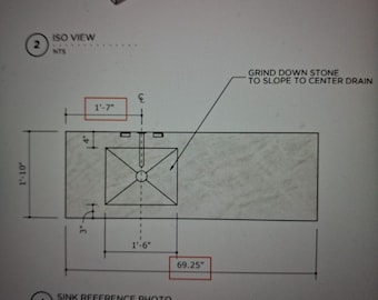 Il lavabo in marmo calcareo, progettato su misura, verrà realizzato secondo il disegno fornito.