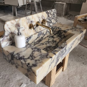 Hand Carved Calacatta Viola Marble Sink: Wall Mounted Backsplash Vessel
