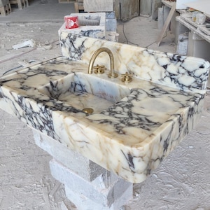 Handmade Calacatta Viola Marble Sink: Wall Mounted Bathroom Vanity