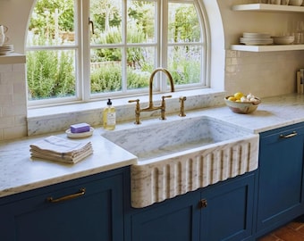 Marble Farmhouse Kitchen Sink - Carrara White Apron Sinks - Luxury Natural Stone Sink - Vanity