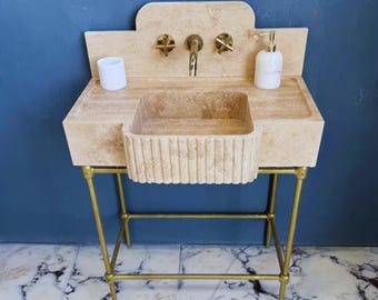Lavabo de travertino / Lavabo de pedestal de latón elegante - Lavabo de baño de lujo - Lavabos de pared