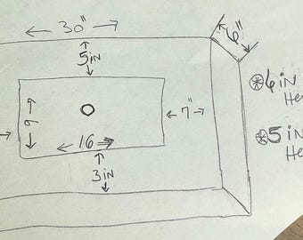 May include: Hand-drawn diagram of a rectangular sink with dimensions. The overall dimensions are 30 inches by 24 inches. The sink height is 5 inches, and the overall height is 6 inches. The inner sink dimensions are 16 inches by 7 inches.