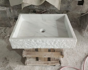 Carrara Marble Sink, Wall Mount Vessel Bathroom Vanity, Countertop Washbasin Fluted Stone Powder Room