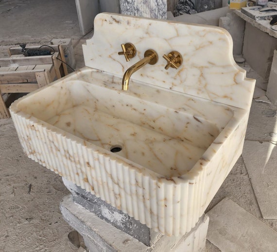 Calacatta Gold Marble Sink, Custom Farmhouse Bathroom Washbasin, Polished Natural Stone, Vanity