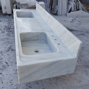 Carrara White Marble Double Integrated Sink, Wall Mounted Marble Sink, Marble Bathroom Sink with Countertop image 4