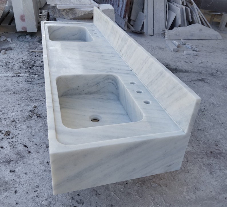 Carrara White Marble Double Integrated Sink, Wall Mounted Marble Sink, Marble Bathroom Sink with Countertop image 4