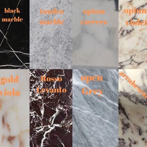 May include: A collage of eight different marble samples, each with a unique color and pattern. The samples are labeled with their names, including "Black Marble", "Tundra Marble", "Opium Carrera", "Opium Violet", "Gold Viola", "Rosso Levanto", "Open Grey", and "Arabescato".