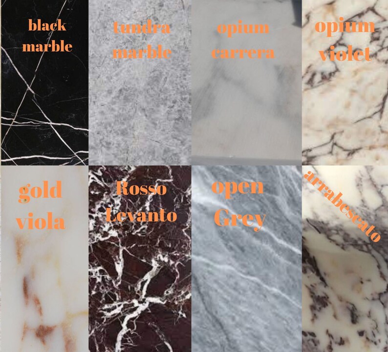 May include: A collage of eight different marble samples, each with a unique color and pattern. The samples are labeled with their names, including "Black Marble", "Tundra Marble", "Opium Carrera", "Opium Violet", "Gold Viola", "Rosso Levanto", "Open Grey", and "Arabescato".