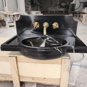 Lavabo de mármol estriado Nero Marquina, lavabo de baño de lujo, lavabo por encargo, lavabo de mármol negro, montaje en pared