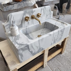 Carrara White Marble Sink, Bathroom Sink, Kitchen Sink, Wall Mounted Sink, Farm Sink, Powder Room Sink, Bathroom Wall Mount Sink