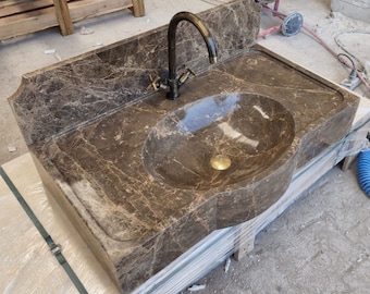 Dark Emperador Marble Sink, Wall Mounted Countertop Vessel Basin, Modern Rectangular Bathroom Washbasin