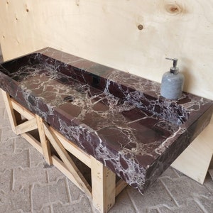 Hand Carved Rosso Levanto Marble Sink: Wall Hanging Vanity