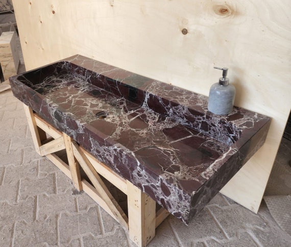 Rosso Levanto Marble Sink, Wall Mount Countertop Basin. Floating Bathroom Powder Room Sink