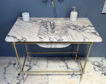 Calacatta Marble Sink | Grooved Front Hand Carved Sink | Special Order Basin | Vanity Sinks | Countertop With Metal Legs