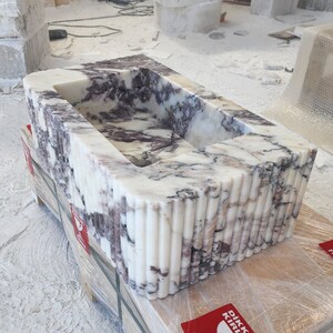Hand Carved Calacatta Viola Marble Sink: Wall Mounted Slotted Front