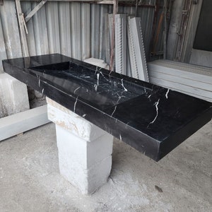 Nero Marquina Fluted Marble Sink: Custom Wall Mounted Basin