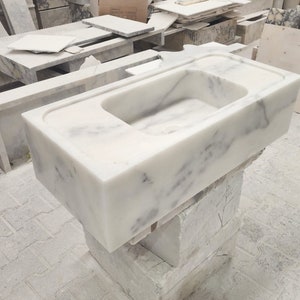 Lavabo de mármol blanco de Carrara, lavabo de mármol montado en la pared, lavabo de mármol para baño
