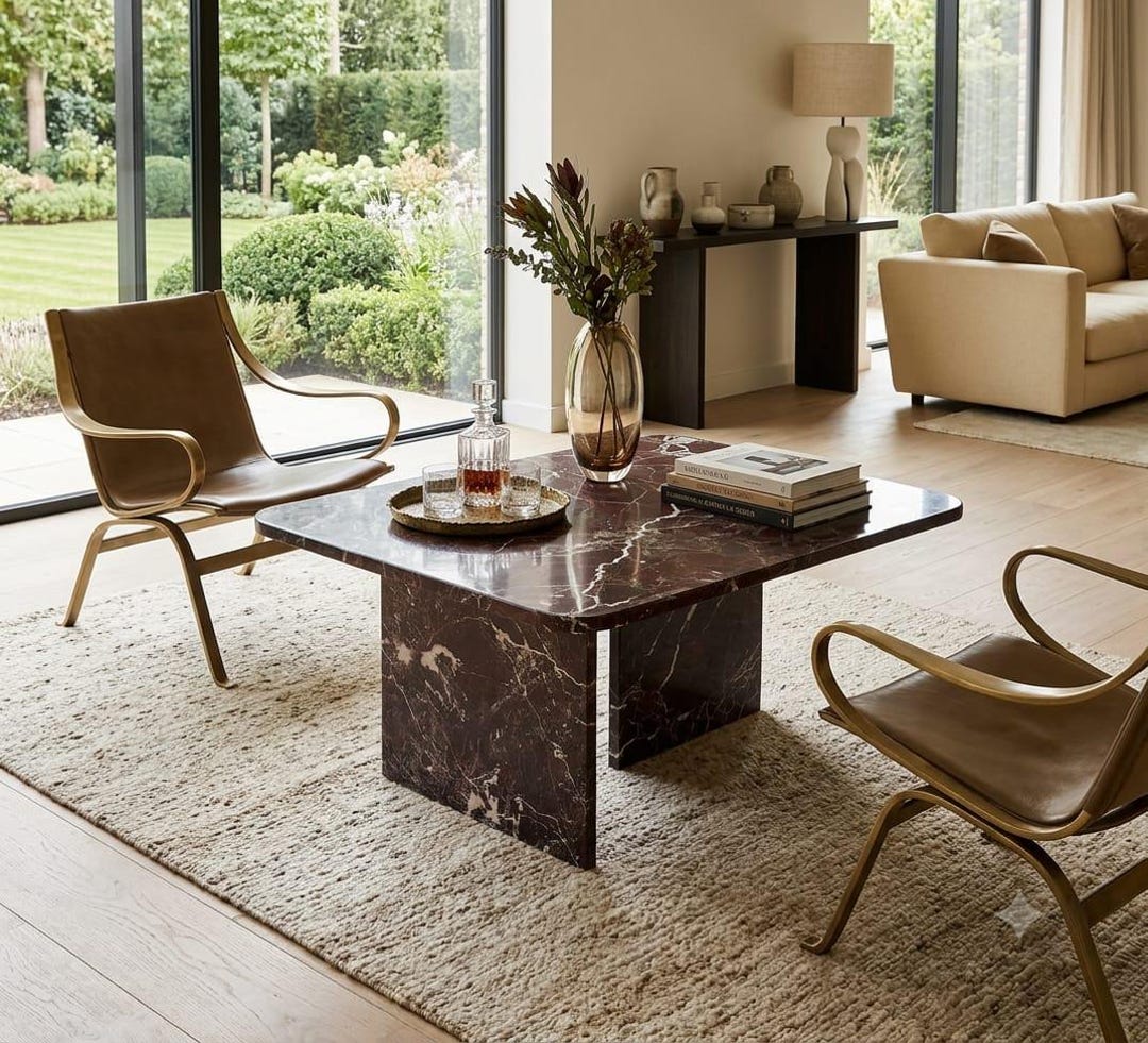 Rosso Levanto Marble Coffee Table, Modern Living Room Center Table