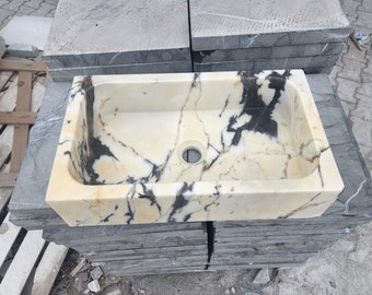 Calacatta Viola Marble Sink, Wall Mount Floating Natural Stone Vanity Modern Integrated Bathroom Basin