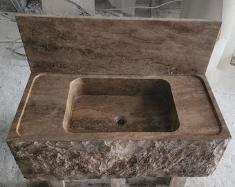 Travertine Marble Sink, Wall Mount Countertop Basin, Floating Bathroom Vanity, Natural Stone Washbasin