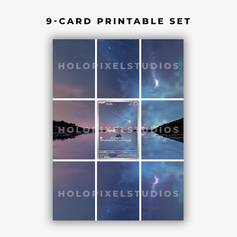 Pu&ograve; includere: Un set di 9 carte stampabili con una carta collezionabile Cleffa centrale circondata da un paesaggio notturno panoramico continuo con stelle, nuvole e fulmini sopra uno specchio d'acqua scuro. Appaiono il testo 9-CARD PRINTABLE SET e HOLOPIXELSTUDIOS.