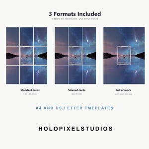 Pu&ograve; includere: Una visualizzazione di modello digitale che mostra 3 Formats Included: Standard cards 63,5 x 88,9 mm, Sleeved cards 66 x 91 mm e Full artwork. La grafica presenta A4 AND US LETTER TMEPLATES e il testo HOLOPIXELSTUDIOS nella parte inferiore.