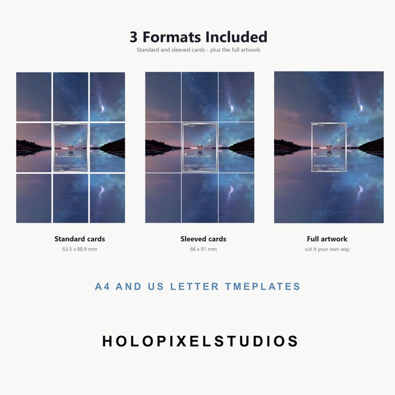 Pu&ograve; includere: Una visualizzazione di modello digitale che mostra 3 Formats Included: Standard cards 63,5 x 88,9 mm, Sleeved cards 66 x 91 mm e Full artwork. La grafica presenta A4 AND US LETTER TMEPLATES e il testo HOLOPIXELSTUDIOS nella parte inferiore.