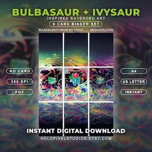 Op de afbeelding: Een 9-kaarten binder set digitale download met uitgebreide kunst van Bulbasaur en Ivysaur. De afbeelding bevat de tekst: BULBASAUR + IVYSAUR, INSPIRED EXTENDED ART, 9 CARD BINDER SET, NO CARD, 300 DPI, PDF, A4, US LETTER, INSTANT, INSTANT DIGITAL DOWNLOAD.