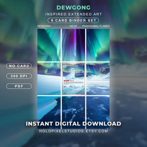 May include: A 9-card binder set featuring Dewgong inspired extended art. The digital download includes a central Dewgong trading card surrounded by a continuous aurora borealis and icy landscape scene. Text includes DEWGONG, NO 97, PHANTASMAL FLAMES, NO CARD, 300 DPI, PDF, INSTANT DIGITAL DOWNLOAD, and HOLOPIXELSTUDIOS.ETSY.COM.