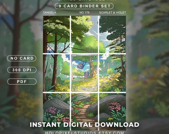 Può includere: Un set di 9 carte per raccoglitore con arte estesa ispirata a Tangela. Il download digitale include una carta centrale di Tangela in un paesaggio boschivo continuo con alberi, rocce e fiori. Testo: TANGELA, NO 178, SCARLET & VIOLET, NO CARD, 300 DPI, PDF e INSTANT DIGITAL DOWNLOAD.