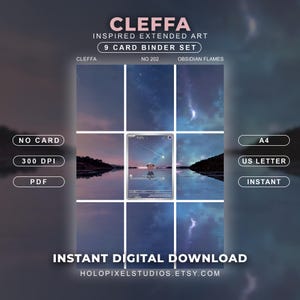 Puede incluir: Un set de 9 cartas para archivador en descarga digital con arte extendido inspirado en Cleffa. El diseño muestra una carta central rodeada por ocho paneles de un paisaje nocturno con estrellas y rayos. Texto: NO CARD, 300 DPI, PDF, A4, US LETTER, INSTANT, HOLOPIXELSTUDIOS.ETSY.COM.