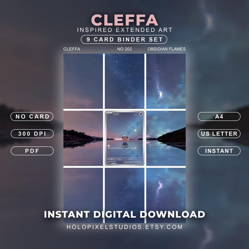 Pu&ograve; includere: Un set di 9 carte per raccoglitore con arte estesa ispirata a Cleffa. Il layout mostra una carta centrale circondata da otto pannelli paesaggistici abbinati che mostrano un cielo notturno sopra l'acqua. Il testo include Cleffa, No 202, Obsidian Flames, No Card, 300 DPI, PDF, A4, US Letter, Instant e Instant Digital Download.
