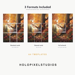 May include: A digital template sheet labeled 3 Formats Included, A4 TMEPLATES, and HOLOPIXELSTUDIOS. It displays three variations of an autumn forest illustration with grid lines for standard cards 63.5 x 88.9 mm, sleeved cards 66 x 91 mm, and full artwork.