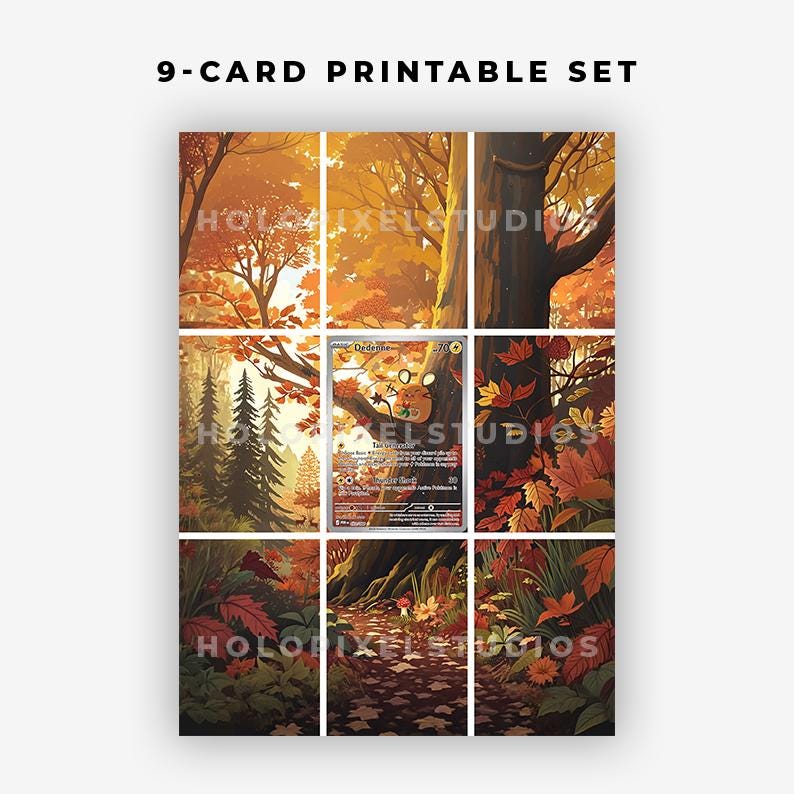 May include: A 9-card printable set featuring a continuous autumn forest illustration with orange and brown foliage. The center card displays a Dedenne character card with 70 HP, surrounded by trees, fallen leaves, and a path in the woods.