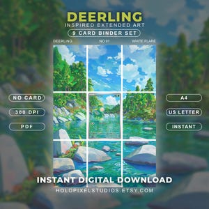 May include: A 9-card binder set featuring Deerling inspired extended art. The digital download includes a central Deerling card graphic surrounded by a continuous landscape of a river, rocks, and forest under a blue sky. Text includes DEERLING, NO 91, WHITE FLARE, 300 DPI, PDF, A4, US LETTER, INSTANT DIGITAL DOWNLOAD, and HOLOPIXELSTUDIOS.ETSY.COM.