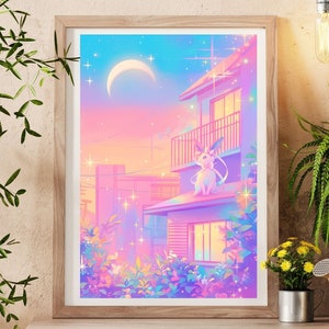 Ilustración de Pokémon Sylveon, lámina artística de Pokémon, póster de Pokémon en acuarela, pintura hecha a mano de Pokémon, decoración de habitación kawaii, decoración de Fairycore