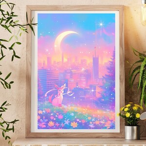 Ilustración de Pokémon Sylveon, lámina artística de Pokémon, póster de Pokémon en acuarela, pintura hecha a mano de Pokémon, decoración de habitación kawaii, decoración de Fairycore