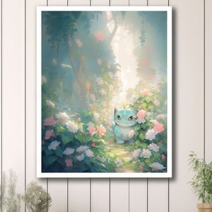Ilustración de Bulbasaur de Pokémon, lámina artística de Pokémon, póster de Pokémon en acuarela, pintura hecha a mano de Pokémon, decoración de habitación kawaii, decoración de Fairycore