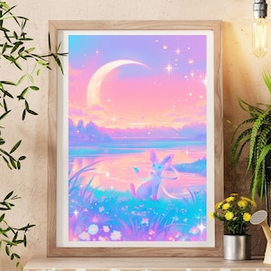 Ilustración de Pokémon Sylveon, lámina artística de Pokémon, póster de Pokémon en acuarela, pintura hecha a mano de Pokémon, decoración de habitación kawaii, decoración de Fairycore