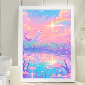 Ilustración de Mewtwo de Pokémon, impresión artística de Pokémon, póster de Pokémon en acuarela, pintura hecha a mano de Pokémon, decoración de habitación kawaii, decoración de Fairycore