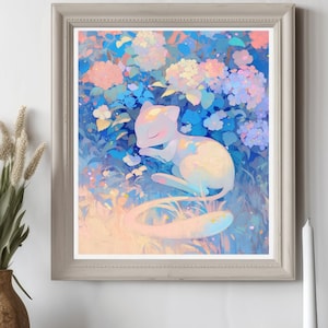Ilustración de Mew de Pokémon, lámina artística de Pokémon, póster de Pokémon en acuarela, pintura hecha a mano de Pokémon, decoración de habitación kawaii, decoración de Fairycore