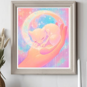 Ilustración de Mewtwo de Pokémon, impresión artística de Pokémon, póster de Pokémon en acuarela, pintura hecha a mano de Pokémon, decoración de habitación kawaii, decoración de Fairycore