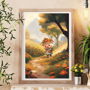 Decoração floral de outono de porquinho-da-índia, arte de parede de outono AC, decoração de quarto kawaii, decoração Fairycore, decoração de quarto pastel dinamarquês, impressão de arte de porquinho-da-índia
